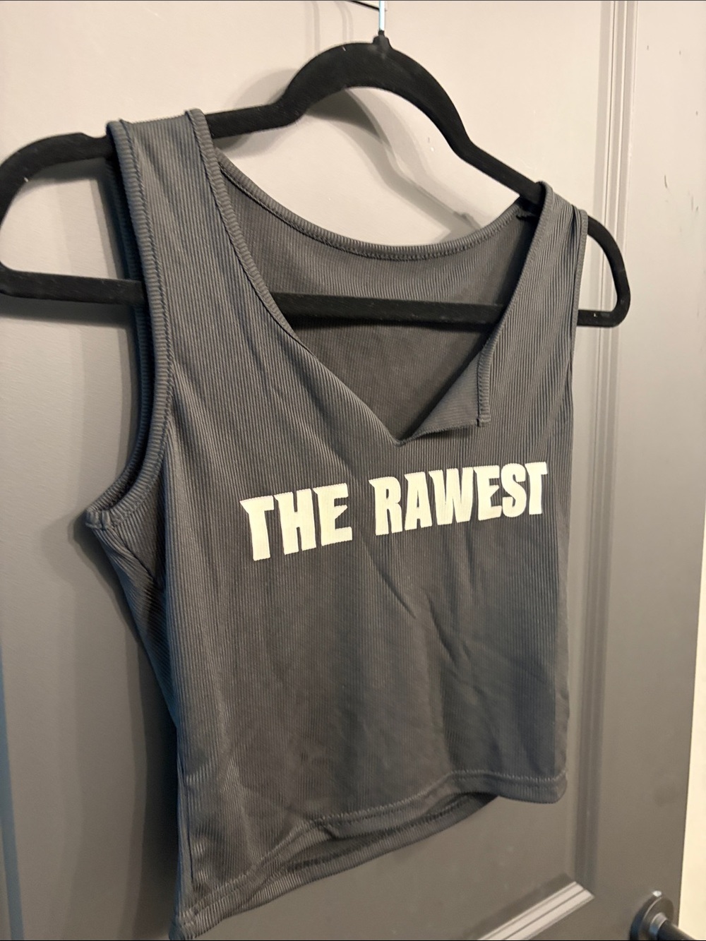 SHEIN Gray Ribbed V-Neck Tank Top with 'THE RAWEST' Graphic